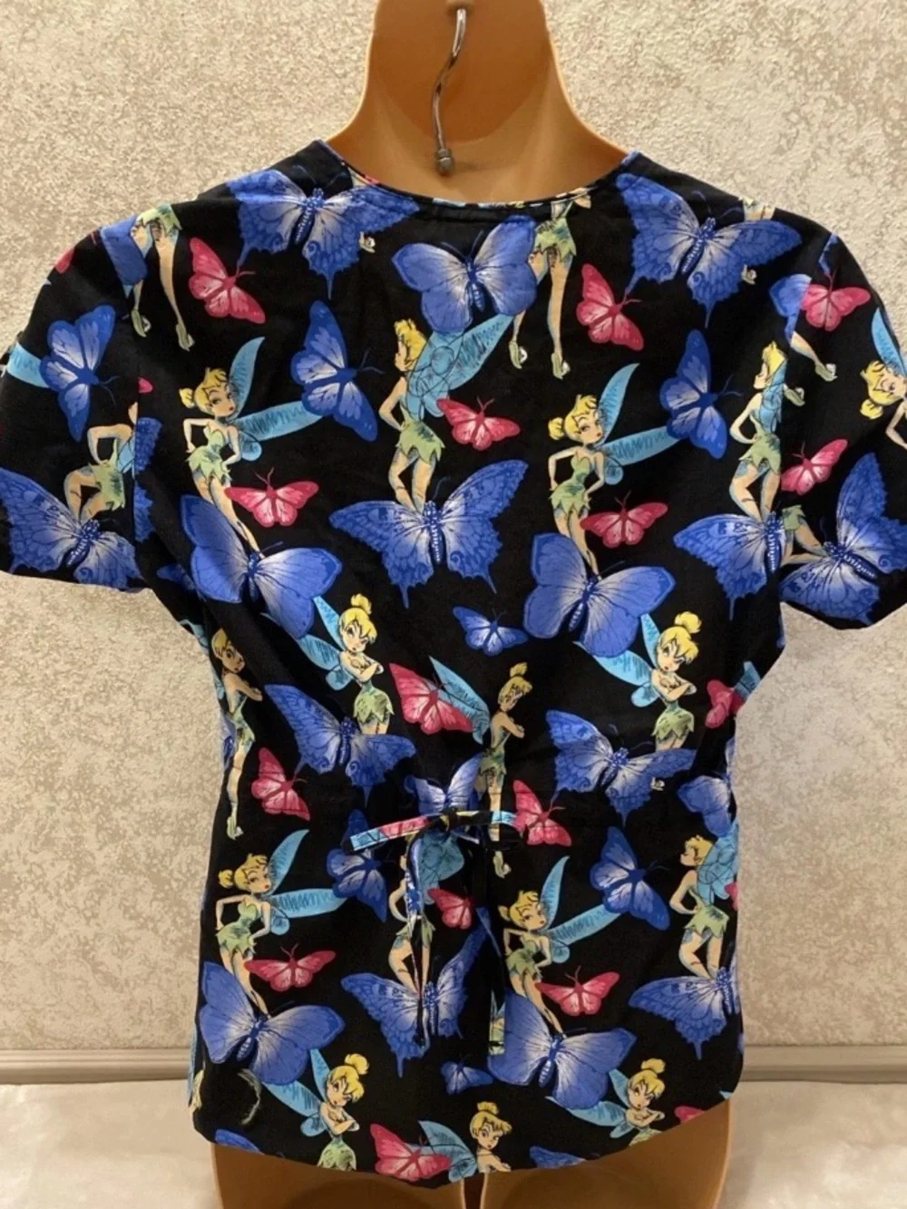 Disney Black V-Neck Short Sleeve Scrub Top with Blue & Pink Butterfly Print
